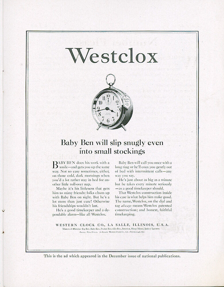 Westclox Tick Talk, December 20, 1920 (Factory Edition), Vol. 6 No. 11 > 23. Advertisement: "Baby Ben Will Slip Snugly Even Into Small Stockings" This Ad Appeared In December Issue Of National Publications.