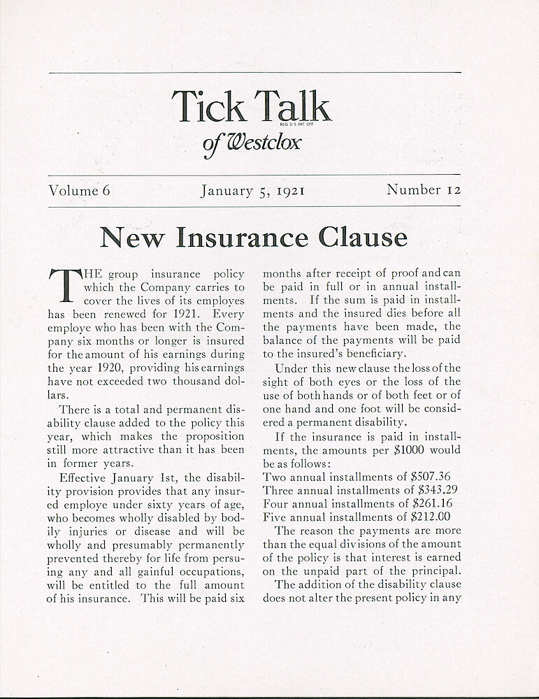 Westclox Tick Talk, January 5, 1921 (Factory Edition), Vol. 6 No. 12 > 1