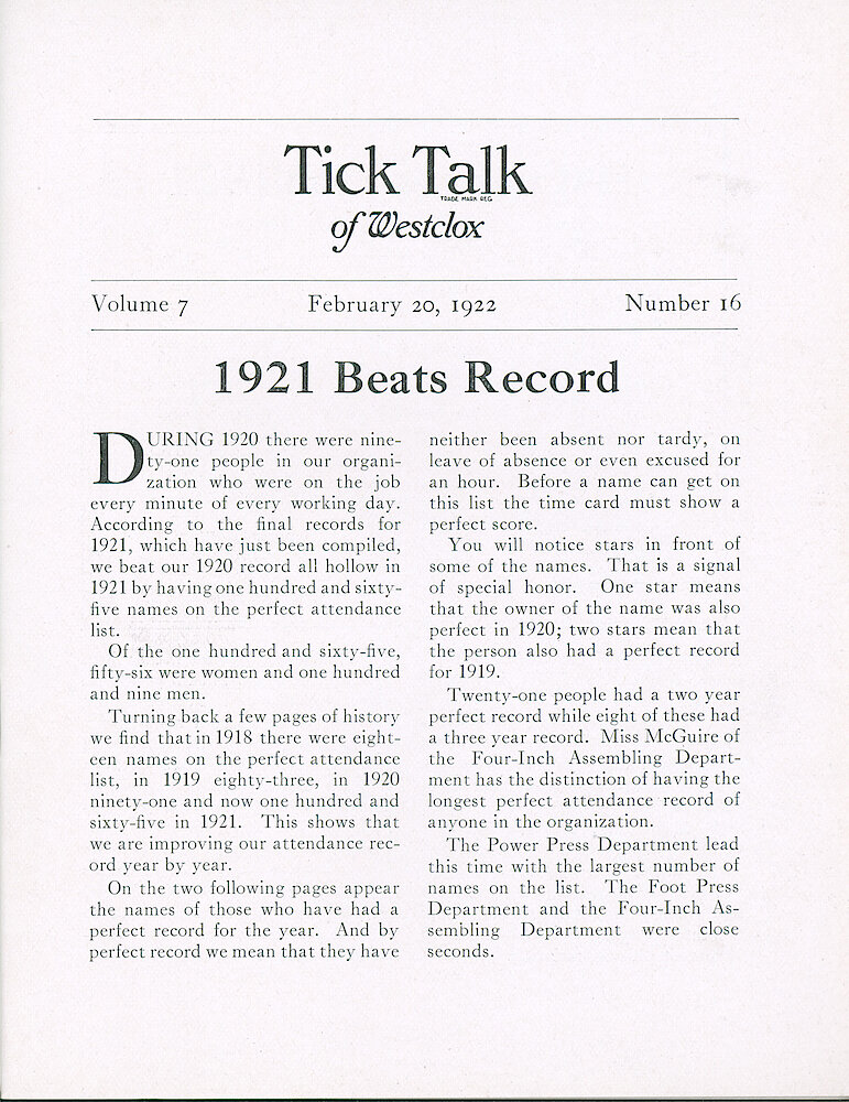 Westclox Tick Talk, February 20, 1922 (Factory Edition), Vol. 7 No. 16 > 1