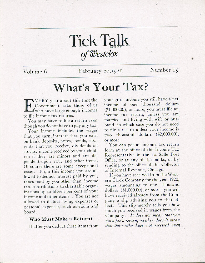 Westclox Tick Talk, February 20, 1921 (Factory Edition), Vol. 6 No. 15 > 1