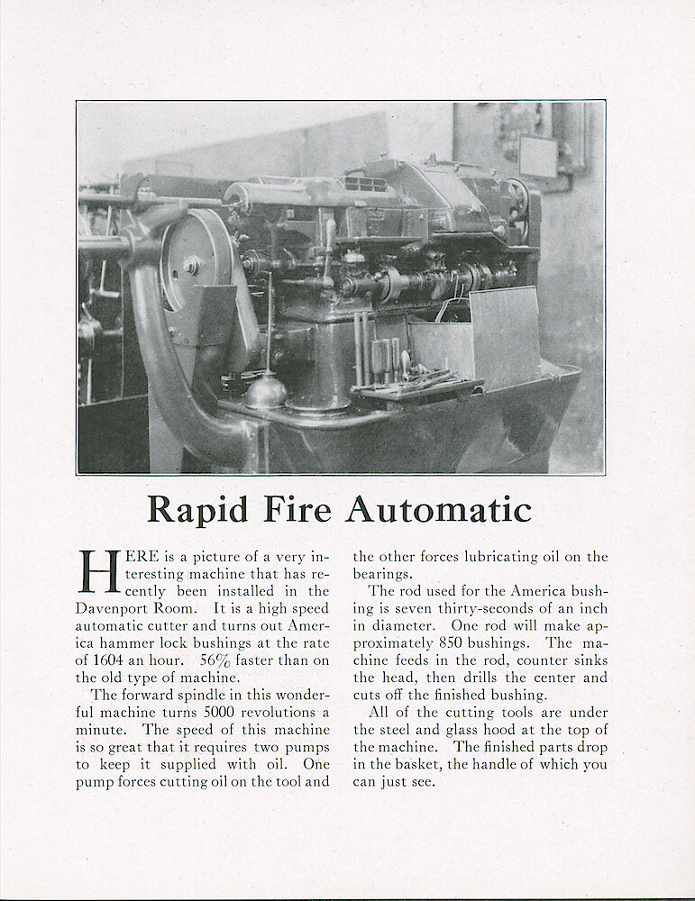 Westclox Tick Talk, February 20, 1921 (Factory Edition), Vol. 6 No. 15 > 3. Manufacturing: "Rapid Fire Automatic" High Speed Automatic Cutter That Makes America Hammer Lock Bushings At 1604 Per Hour.