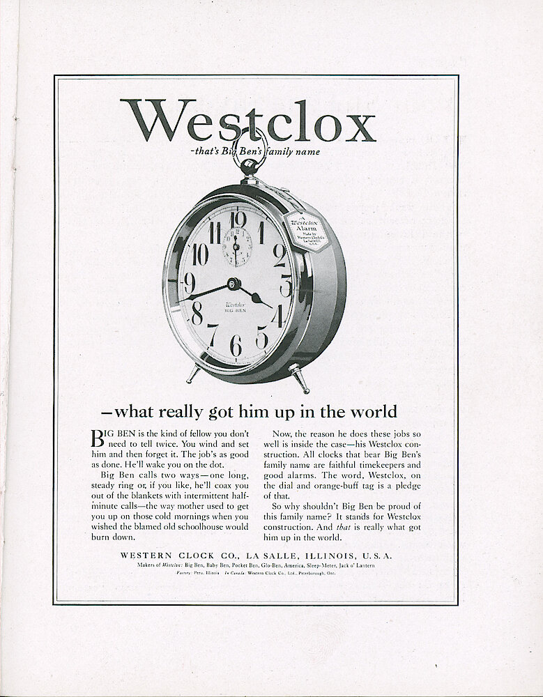 Westclox Tick Talk, February 20, 1921 (Factory Edition), Vol. 6 No. 15 > 15. Advertisement: "Westclox—that&039;s Big Ben&039;s Family Name—what Really Got Him Up In The World"