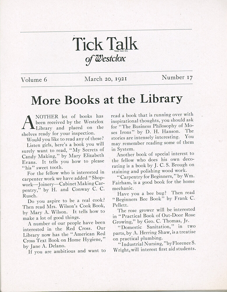 Westclox Tick Talk, March 20, 1921 (Factory Edition), Vol. 6 No. 17 > 1