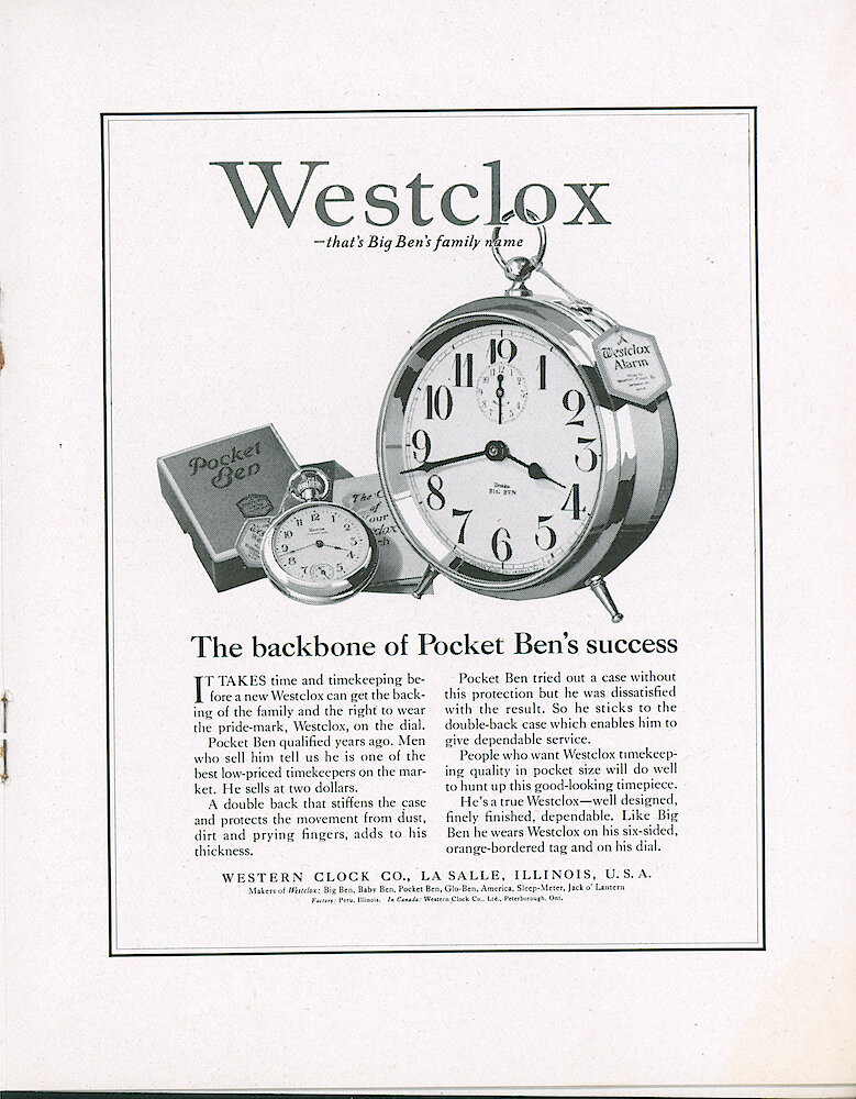 Westclox Tick Talk, March 20, 1921 (Factory Edition), Vol. 6 No. 17 > 13. Advertisement: "The Backbone Of Pocket Ben&039;s Success"