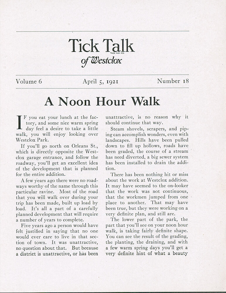 Westclox Tick Talk, April 5, 1921 (Factory Edition), Vol. 6 No. 18 > 1