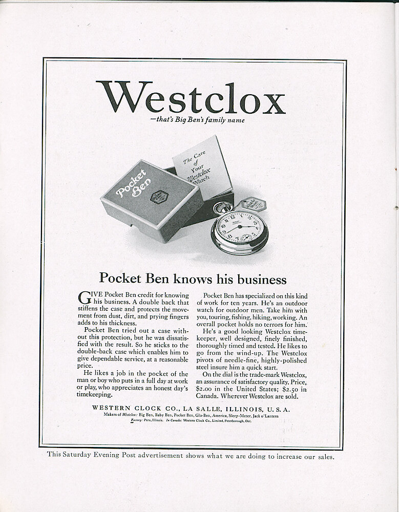 Westclox Tick Talk, May 20, 1921 (Factory Edition), Vol. 6 No. 21 > 6. Advertisement: "Pocket Ben Knows His Business" Saturday Evening Post Ad.