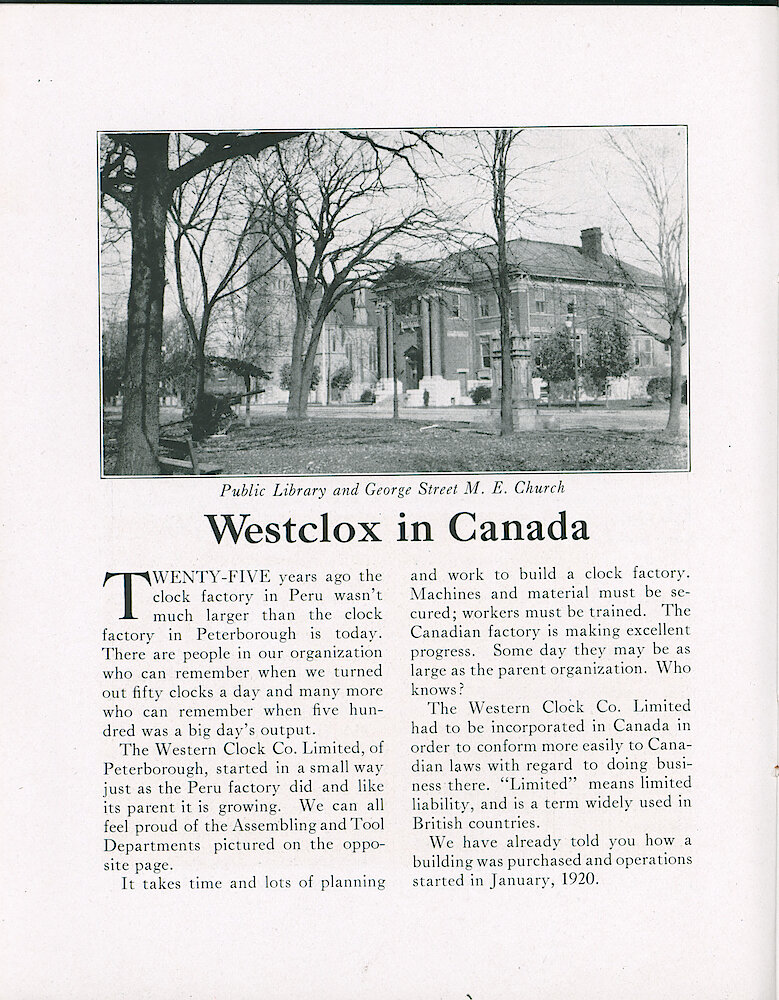 Westclox Tick Talk, June 5, 1921 (Factory Edition), Vol. 6 No. 22 > 8. Factory: "Westclox In Canada" Pictures Inside And Outside Of The Factory In Peterborough.