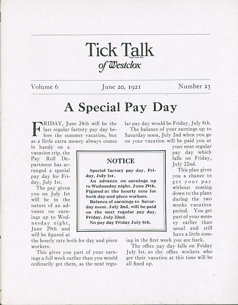 Westclox Tick Talk, June 20, 1921 (Factory Edition), Vol. 6 No. 23 > 1