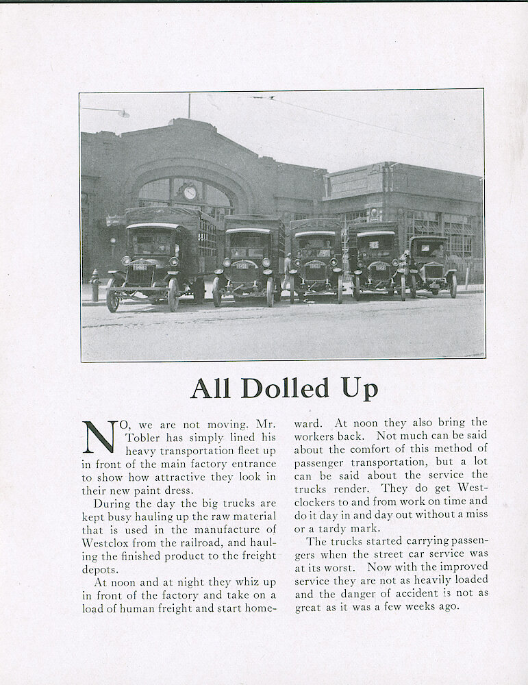 Westclox Tick Talk, June 20, 1921 (Factory Edition), Vol. 6 No. 23 > 6. Factory: "All Dolled Up" The Six Westclox Trucks, Used For Hauling Raw Material And Take Workers To And From The Factory At Noon.