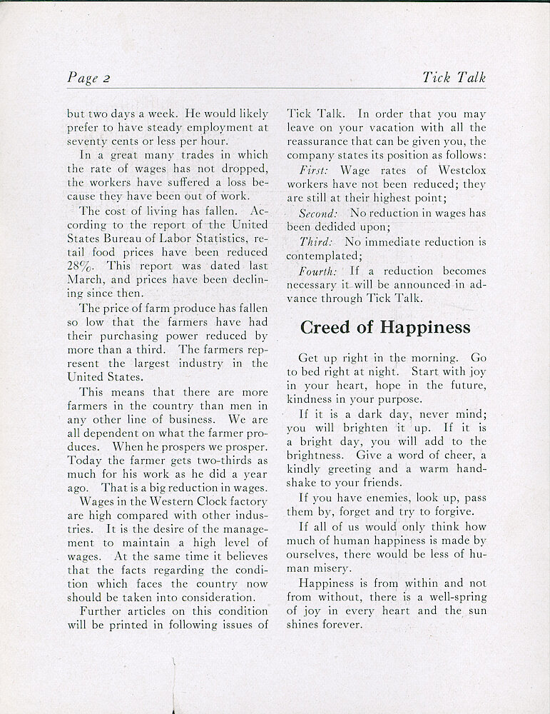 Westclox Tick Talk, July 5, 1921 (Factory Edition), Vol. 7-No. 1 (cover missing) > 2. Corporate: "Clock Factory Wages"