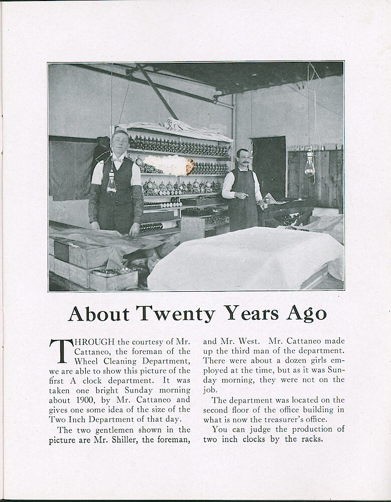 Westclox Tick Talk, December 5, 1921 (Factory Edition), Vol. 7 No. 11 > 5. Historical Picture: The A Clock Department Ca. 1901. Personnel: Mr. Cattaneo, Mr. West And Mr. Shiller