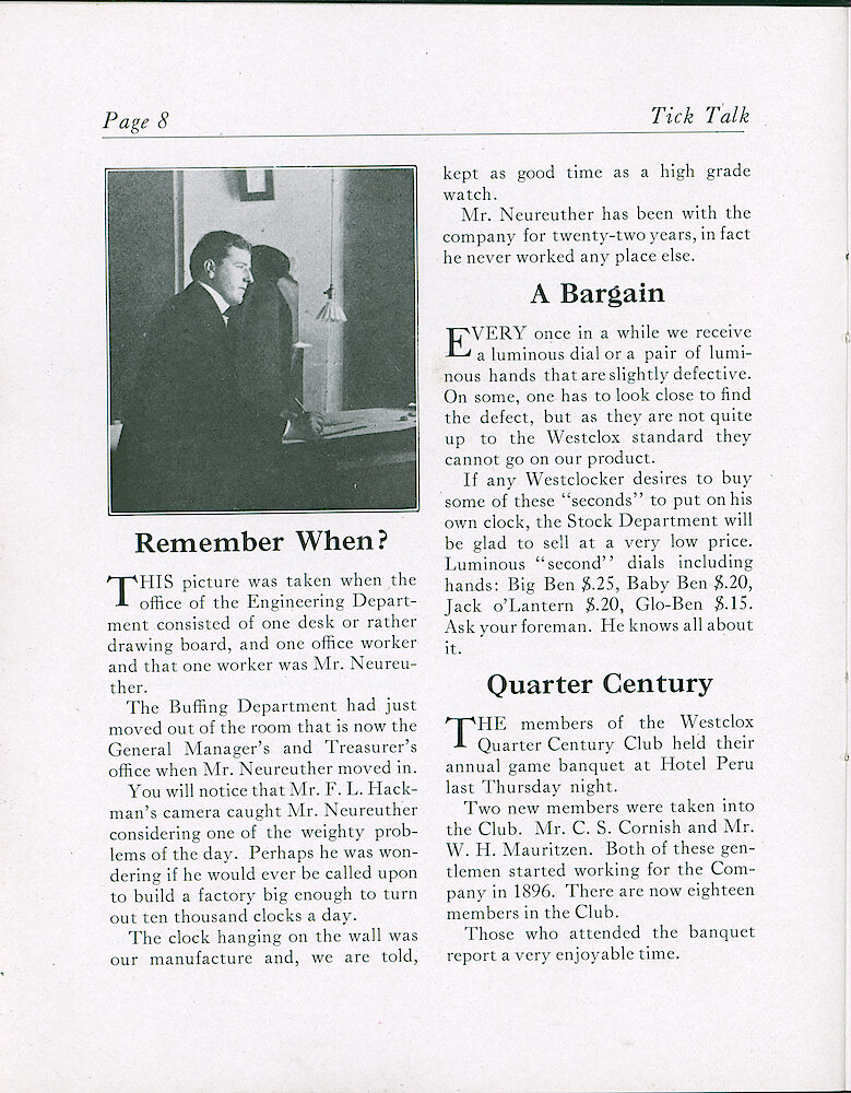 Westclox Tick Talk, December 5, 1921 (Factory Edition), Vol. 7 No. 11 > 8. Personnel: Mr. Neureuther