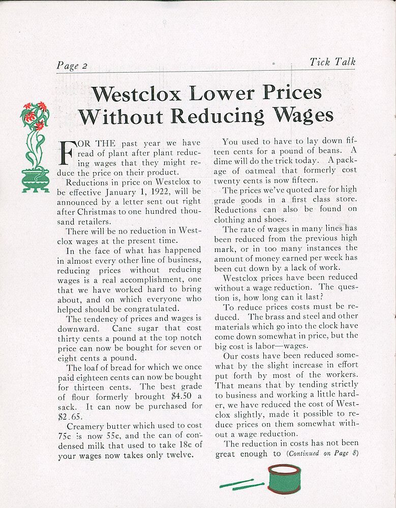 Westclox Tick Talk, December 20, 1921 (Factory Edition), Vol. 7 No. 12 > 2. Corporate: "Westclox Lowering Prices Without Reducing Wages"