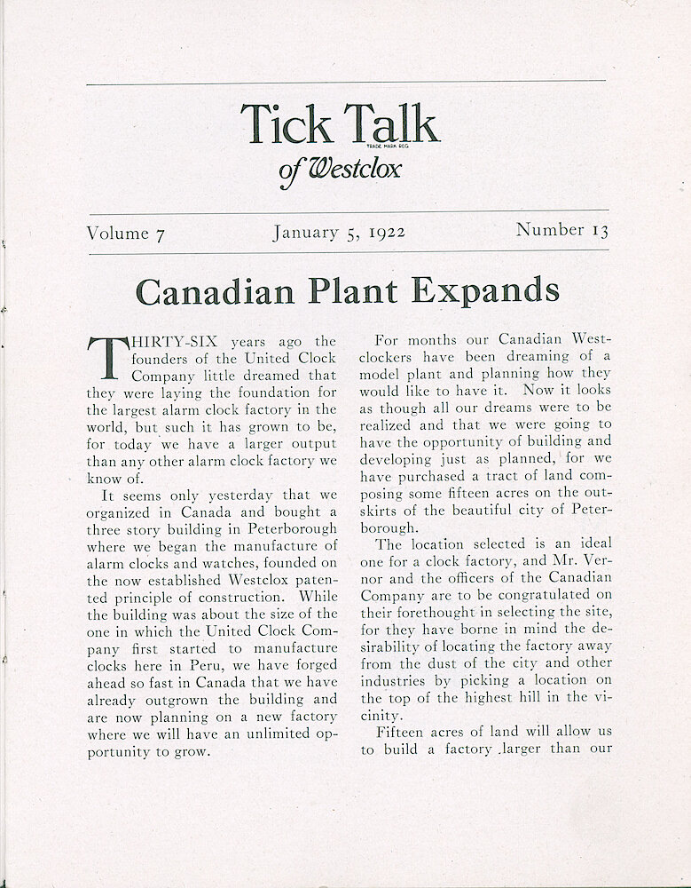 Westclox Tick Talk, January 5, 1922 (Factory Edition), Vol. 7 No. 13 > 1. Factory: "Canadian Plant Expands"