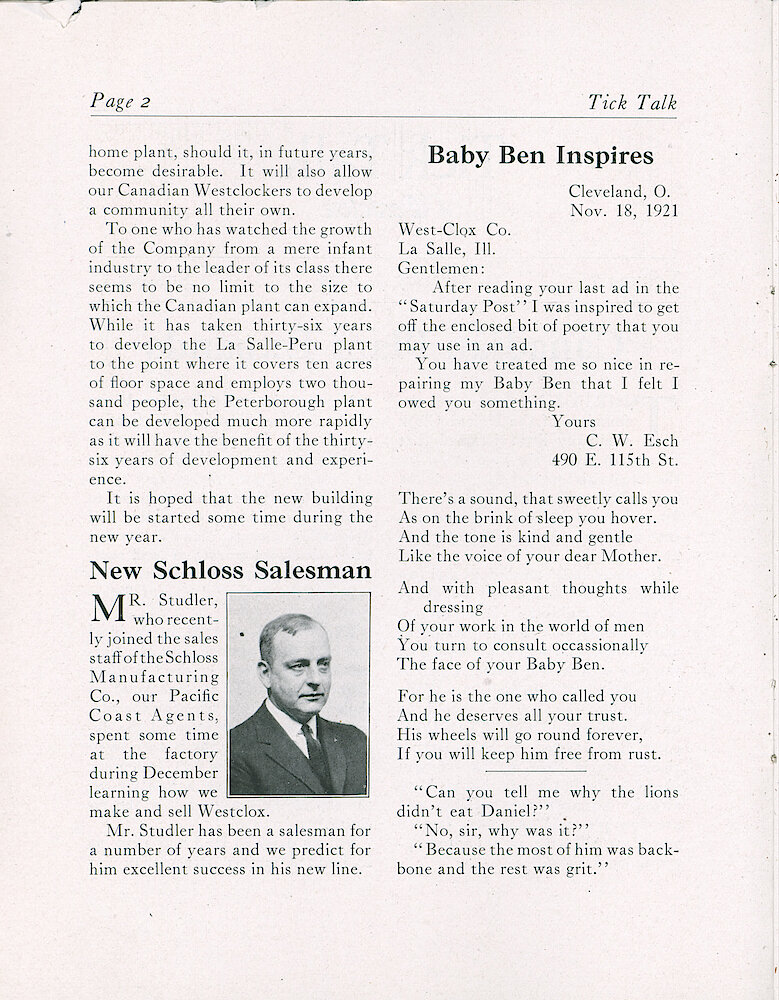 Westclox Tick Talk, January 5, 1922 (Factory Edition), Vol. 7 No. 13 > 2. Factory: "Canadian Plant Expands"