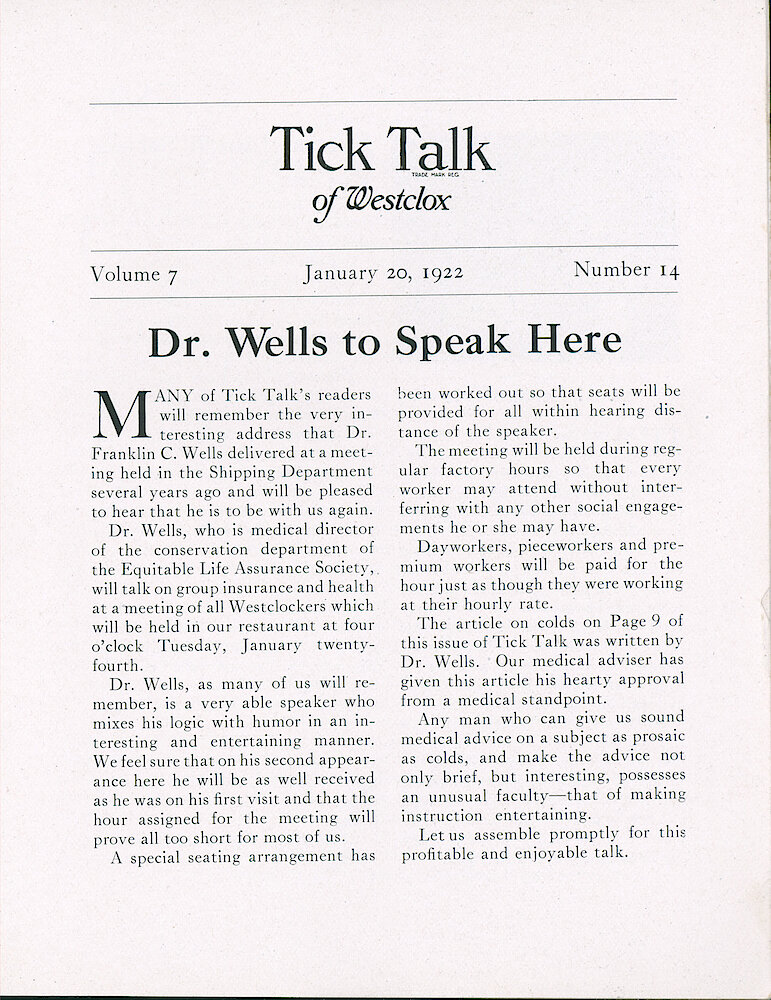 Westclox Tick Talk, January 20,1922 (Factory Edition), Vol. 7 No. 14 > 1