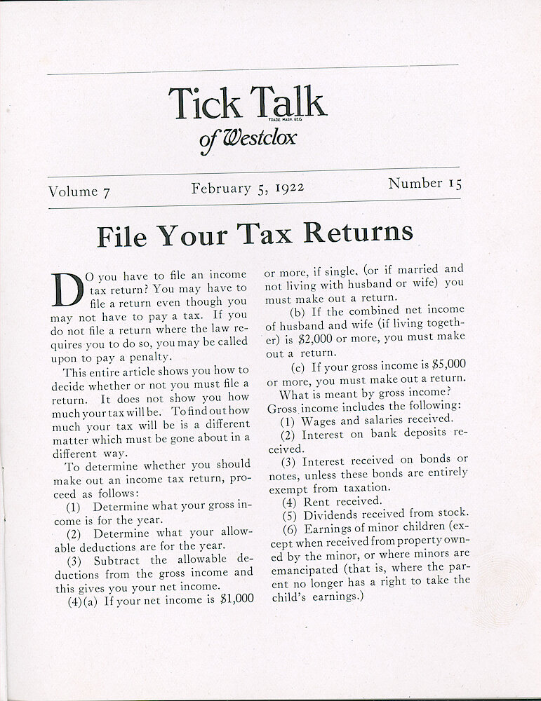 Westclox Tick Talk, February 5, 1922 (Factory edition), Vol. 7 No. 15 > 1