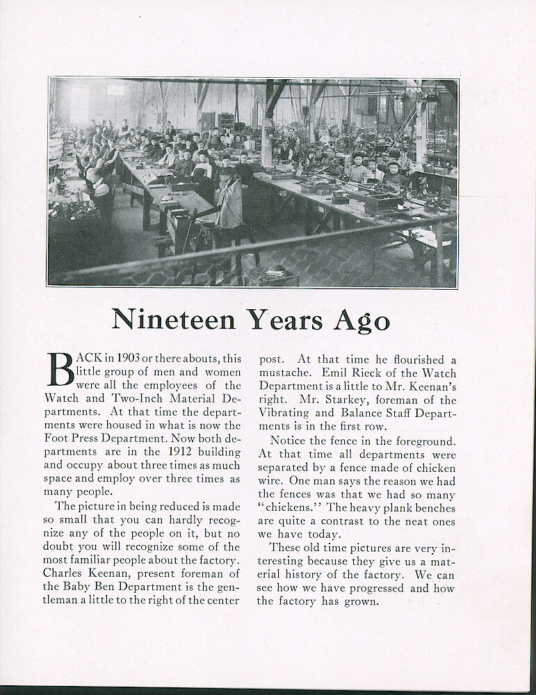 Westclox Tick Talk, February 5, 1922 (Factory edition), Vol. 7 No. 15 > 3. Historical Picture: "Nineteen Years Ago" The Employees Of Watch And Two-inch Material Departments.