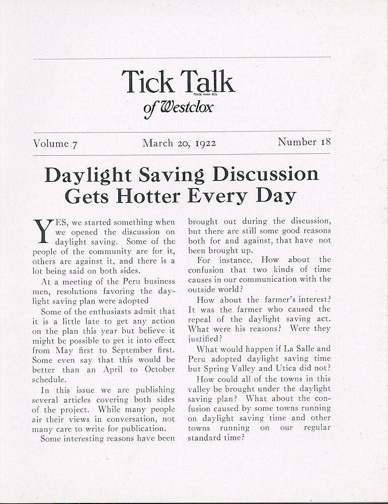 Westclox Tick Talk, March 20, 1922 (Factory Edition), Vol. 7 No. 18 > 1