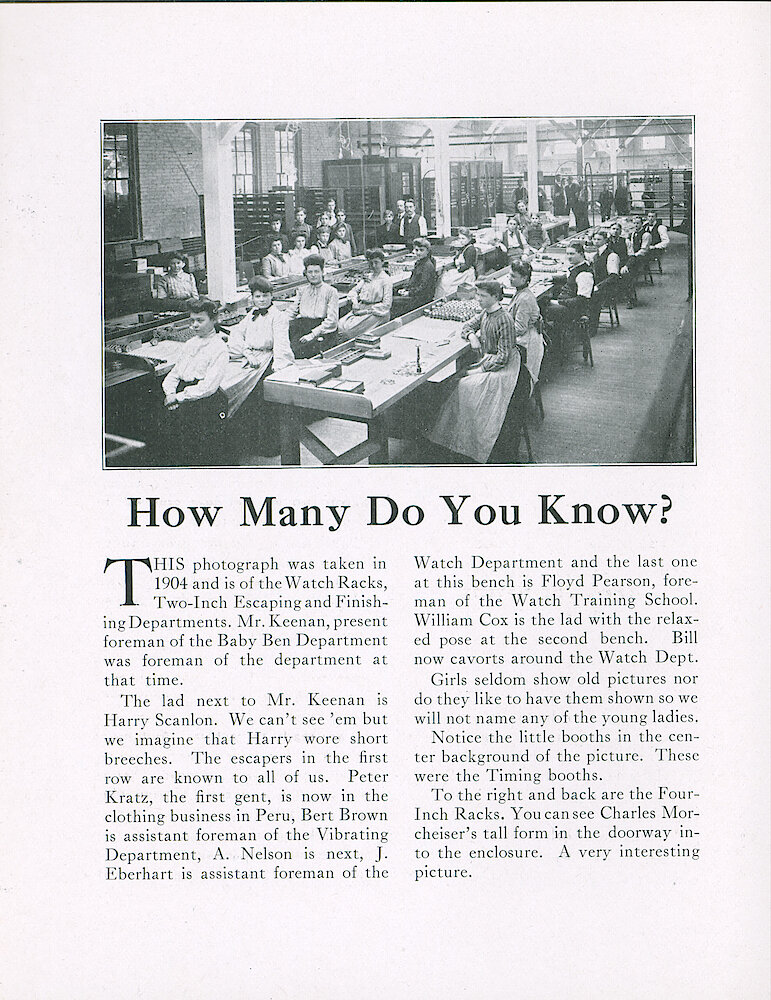 Westclox Tick Talk, March 20, 1922 (Factory Edition), Vol. 7 No. 18 > 8. Historical Picture: "How Many Do You Know" 1904 Picture Of Watch Racks, Two-Inch Escaping And Finishing Departments.