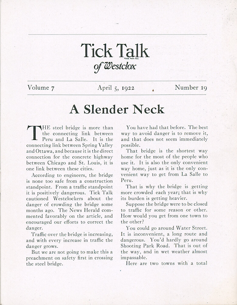 Westclox Tick Talk, April 5, 1920 (Factory Edition), Vol.7 No. 19 > 1