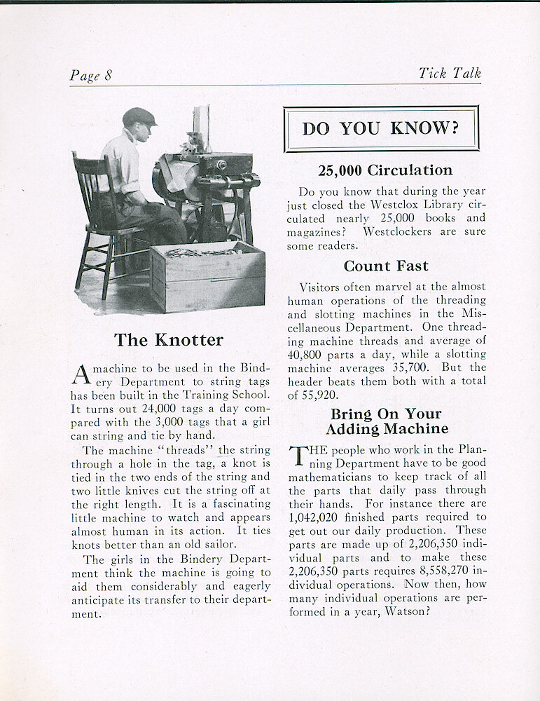 Westclox Tick Talk, April 5, 1920 (Factory Edition), Vol.7 No. 19 > 8. Manufacturing: "The Knotter" A New Machine To String Tags, Built By The Training School.