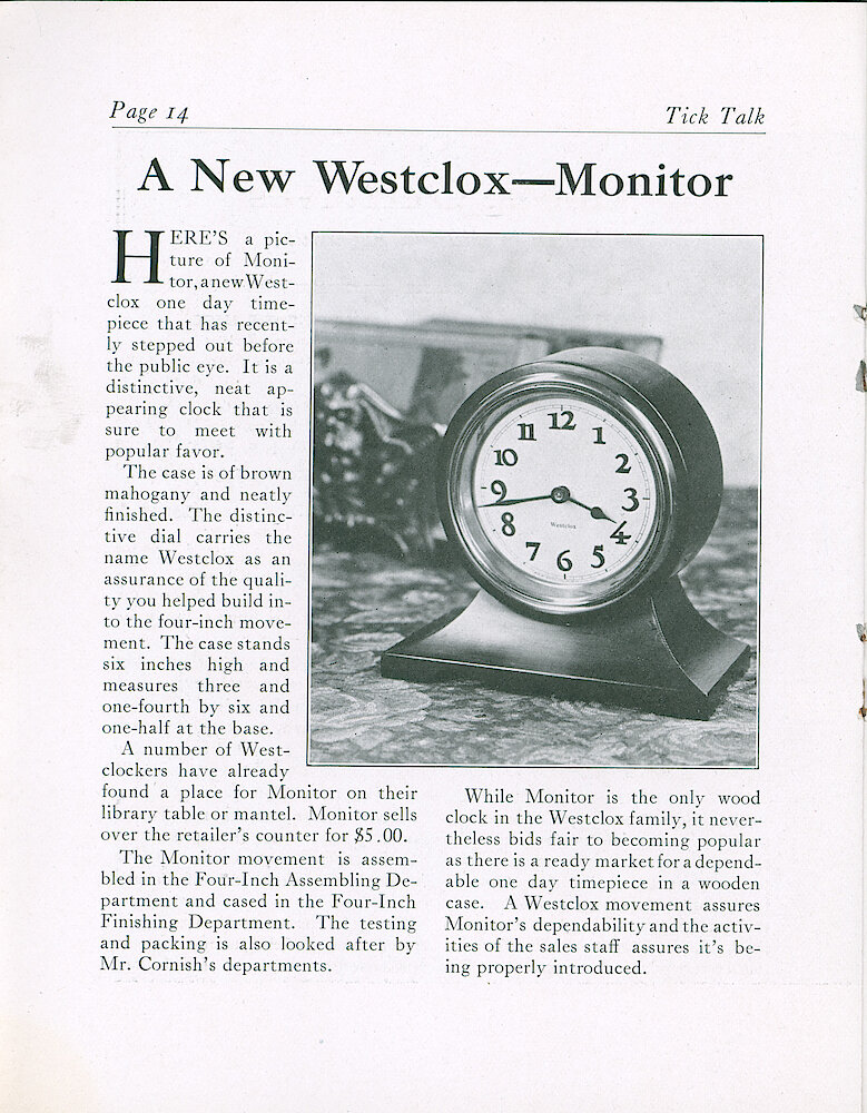 Westclox Tick Talk, April 5, 1920 (Factory Edition), Vol.7 No. 19 > 14. New Model: Monitor In Wood Case, $5.00