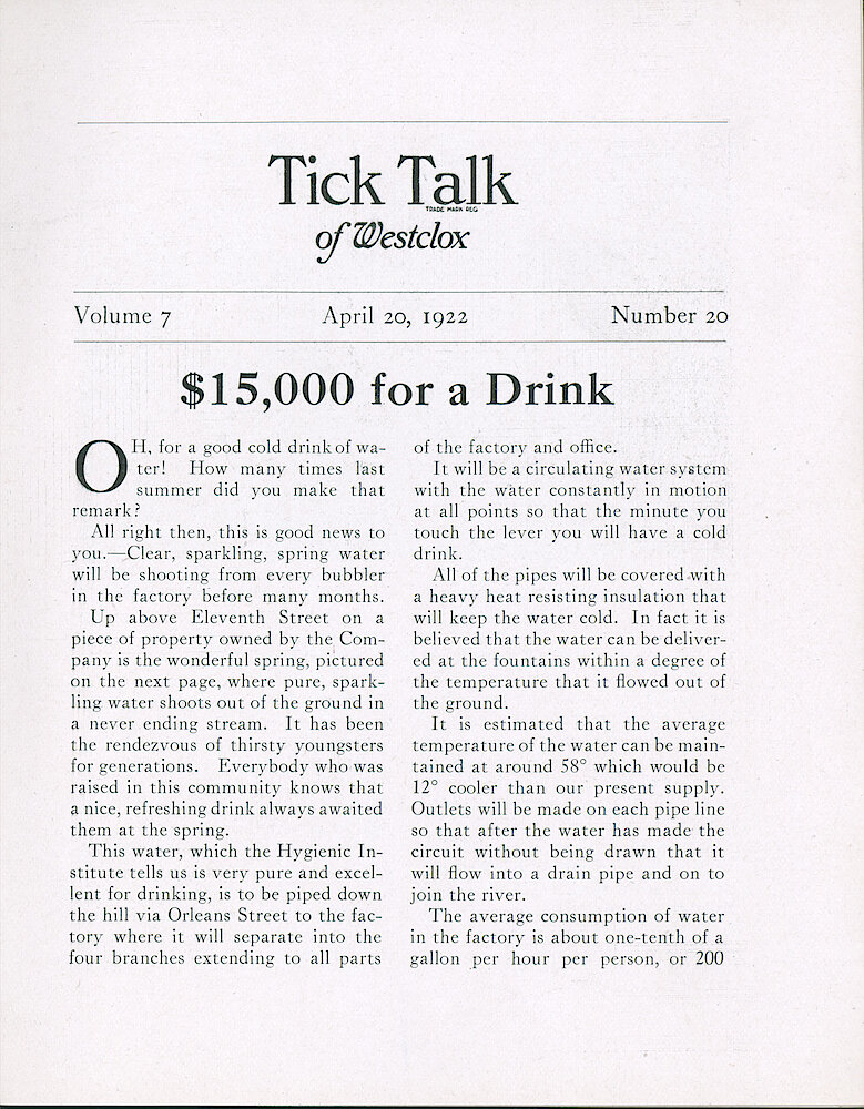 Westclox Tick Talk, April 20, 1922 (Factory edition), Vol. 7 No. 20 > 1