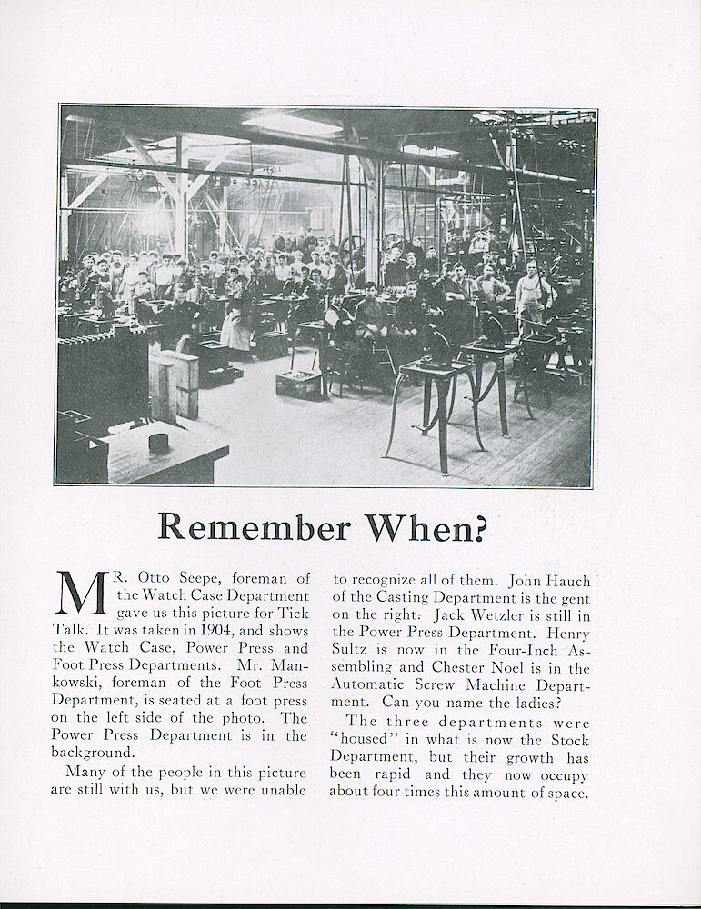 Westclox Tick Talk, April 20, 1922 (Factory edition), Vol. 7 No. 20 > 3. Historical Picture: 1904 View Of Watch Case, Power Press And Foot Press Departments.