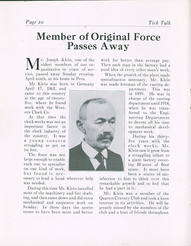 Westclox Tick Talk, April 20, 1922 (Factory edition), Vol. 7 No. 20 > 10. Personnel: Joe Klein Passed Away. Stated Work At Westclox Ca. 1886.