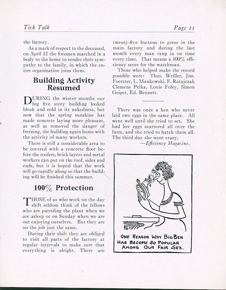 Westclox Tick Talk, April 20, 1922 (Factory edition), Vol. 7 No. 20 > 11. Factory: "Building Activity Resumed" Concrete Work On The Five Story Building Resumes After Winter.