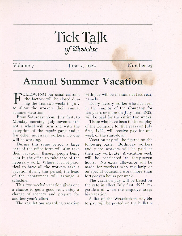 Westclox Tick Talk, June 5, 1922 (Factory Edition), Vol. 7 No. 23 > 1