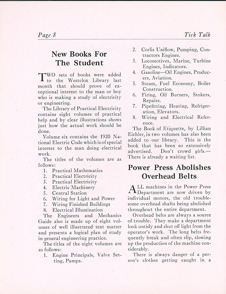 Westclox Tick Talk, June 5, 1922 (Factory Edition), Vol. 7 No. 23 > 8. Manufacturing: "Power Press Abolishes Overhead Belts"