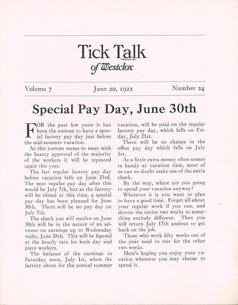 Westclox Tick Talk, June 20, 1922 (Factory Edition), Vol. 7 No. 24 > 1