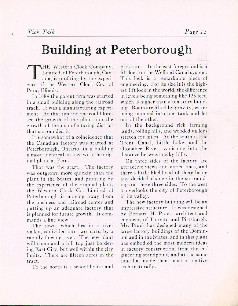 Westclox Tick Talk, June 20, 1922 (Factory Edition), Vol. 7 No. 24 > 11. Corporate: Building At Peterborough" New Factory To Be Built In Peterborough, Ontario For Westclox Canada.