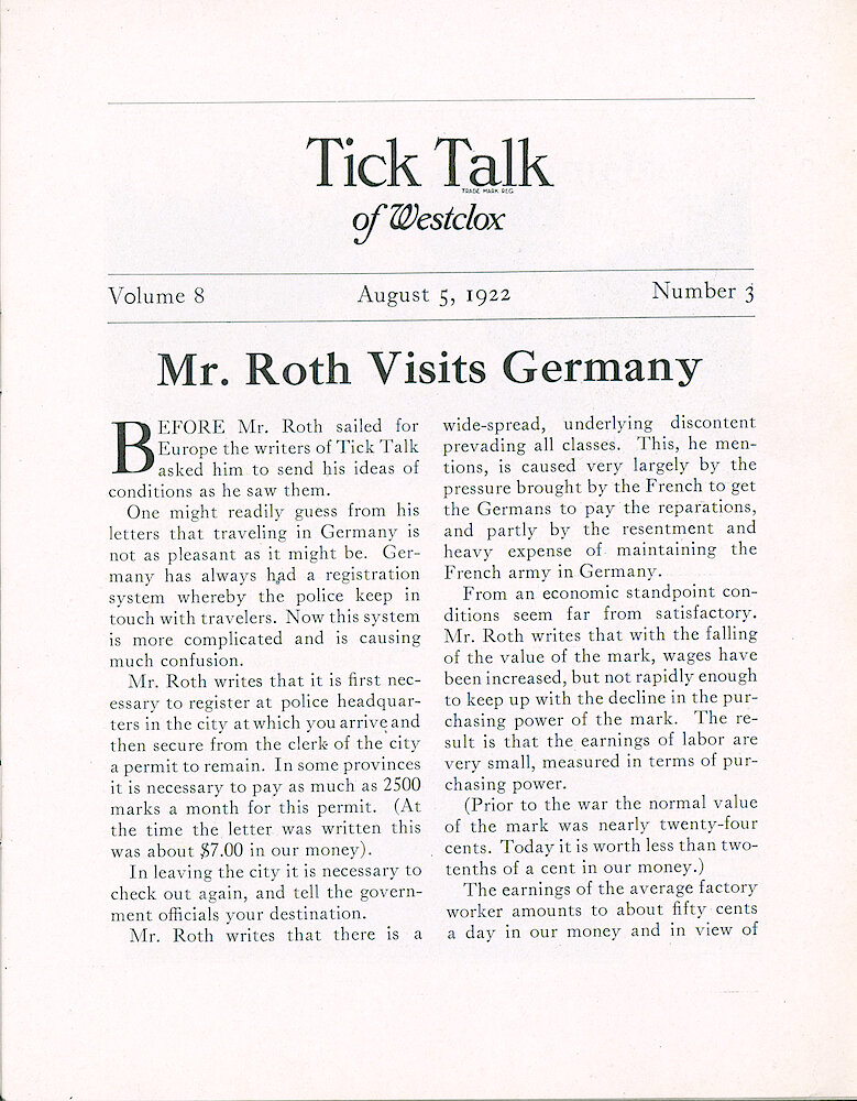 Westclox Tick Talk, August 5, 1922 (Factory Edition), Vol. 8 No. 3 > 1. Article: "Mr. Roth Visits Europe"