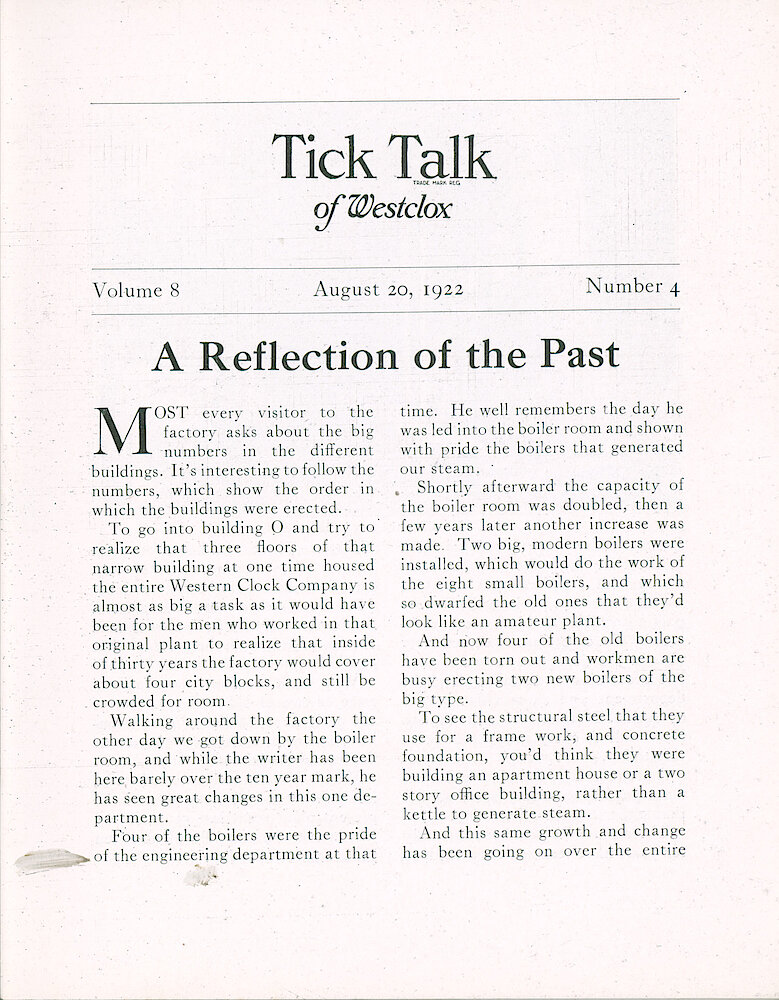 Westclox Tick Talk, August 20, 1922 (Factory Edition), Vol. 8 No. 4 > 1. Historical Article: "A Reflection Of The Past" Building Zero (the Original United Clock Company Building) Still Exists. Changes In The Factory.