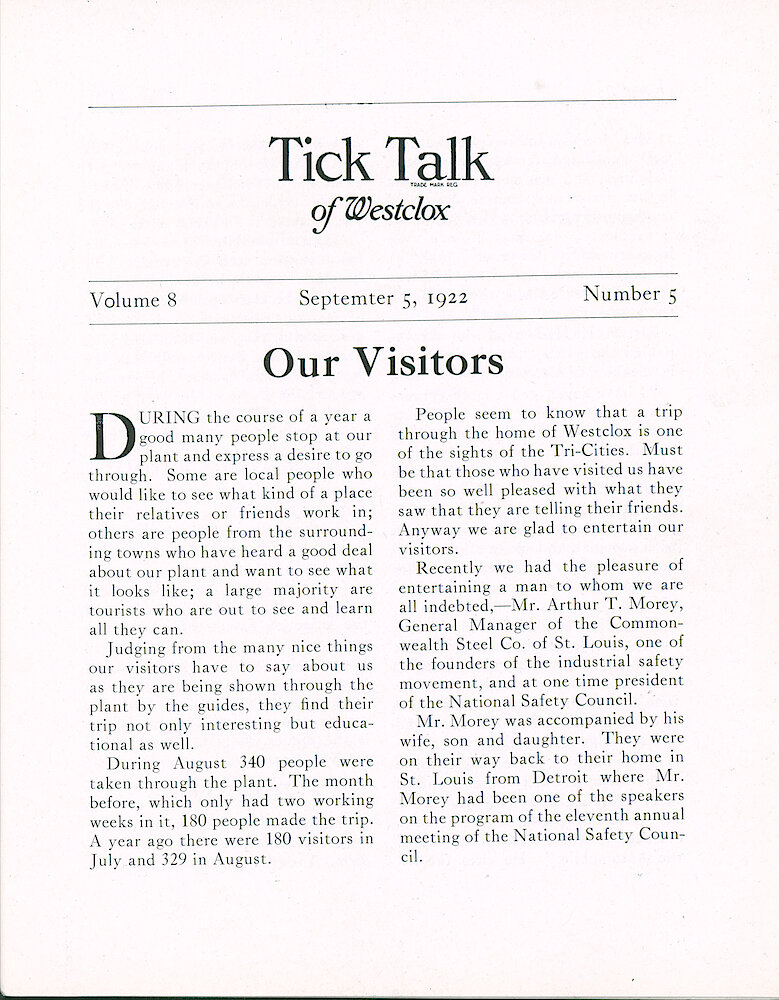 Westclox Tick Talk, September 5, 1922 (Factory Edition), Vol. 8 No. 5 > 1