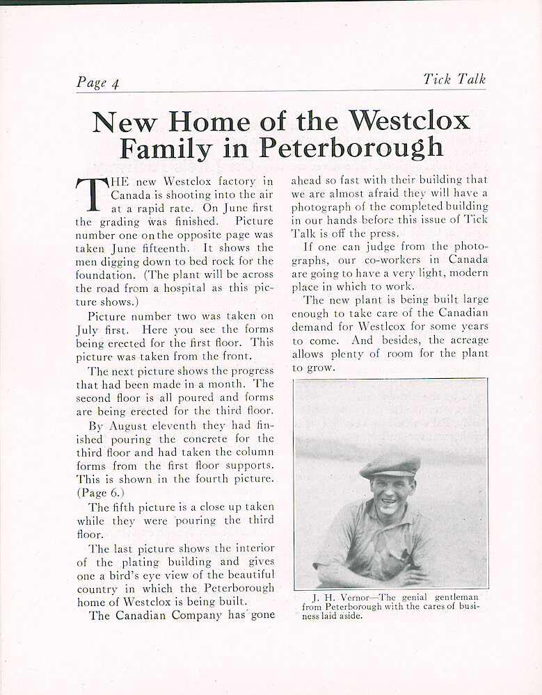 Westclox Tick Talk, September 5, 1922 (Factory Edition), Vol. 8 No. 5 > 4. Factory: "New Home Of The Westclox Family In Peterborough" Cement Has Been Poured And Walls Are Going Up.