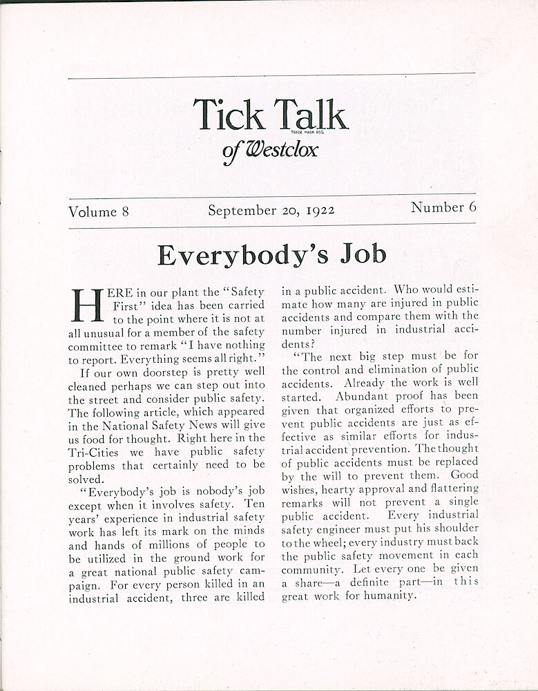 Westclox Tick Talk, September 20,1922 (Factory Edition), Vol. 8 No. 6 > 1