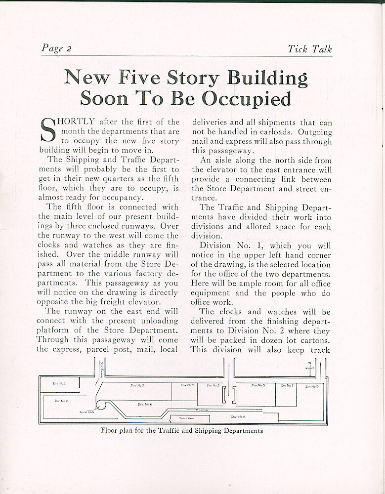 Westclox Tick Talk, September 20,1922 (Factory Edition), Vol. 8 No. 6 > 2. Factory: "New Five Story Building Soon To Be Occupied" Drawings And Article About What Goes Where.