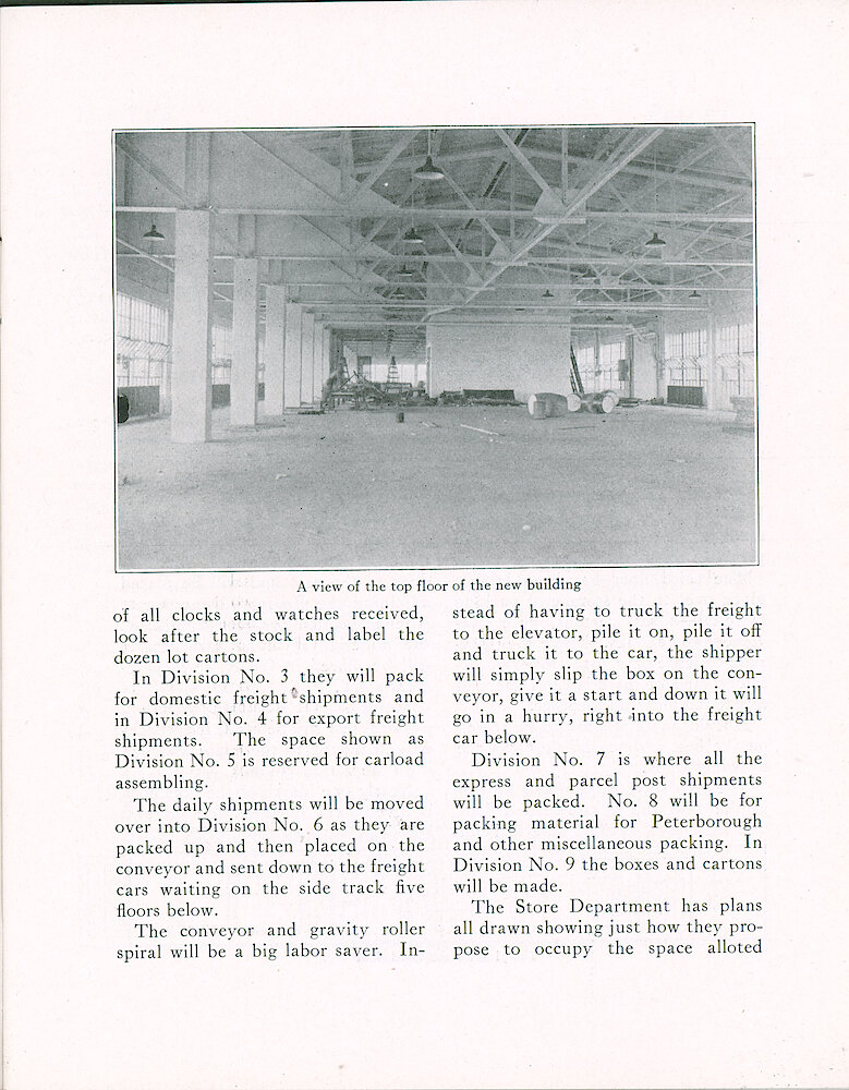 Westclox Tick Talk, September 20,1922 (Factory Edition), Vol. 8 No. 6 > 3. Factory: "New Five Story Building Soon To Be Occupied" Interior Factory Picture: View On Top Floor.