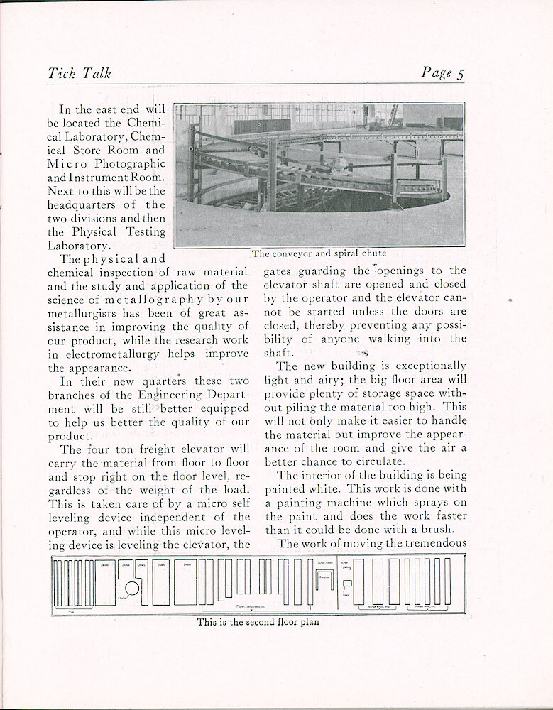 Westclox Tick Talk, September 20,1922 (Factory Edition), Vol. 8 No. 6 > 5. Factory: "New Five Story Building Soon To Be Occupied" Interior Factory Picture: "The Conveyor And Spiral Chute"