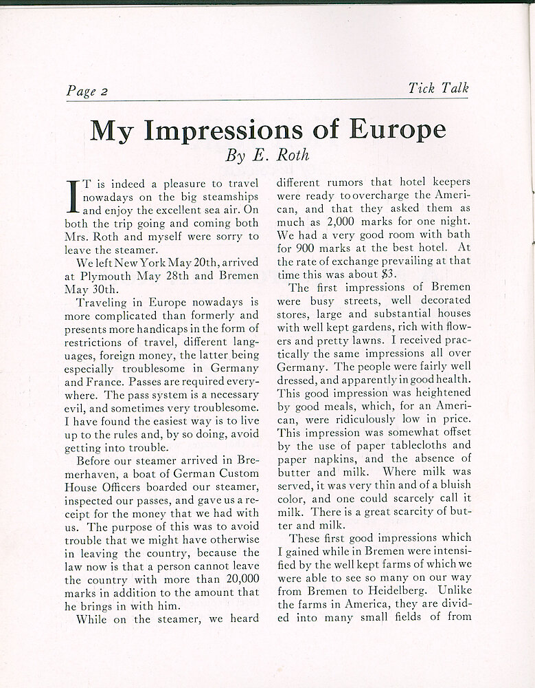 Westclox Tick Talk, October 5, 1922 (Factory Edition), Vol. 8 No. 7 > 2. Article: "My Impressions Of Europe, By E. Roth"