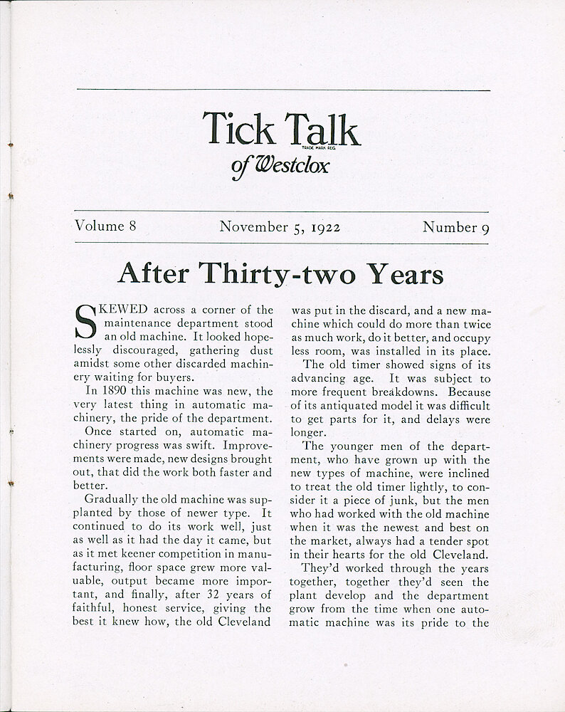 Westclox Tick Talk, November 5 1922 (Factory Edition), Vol. 8 No. 9 > 1