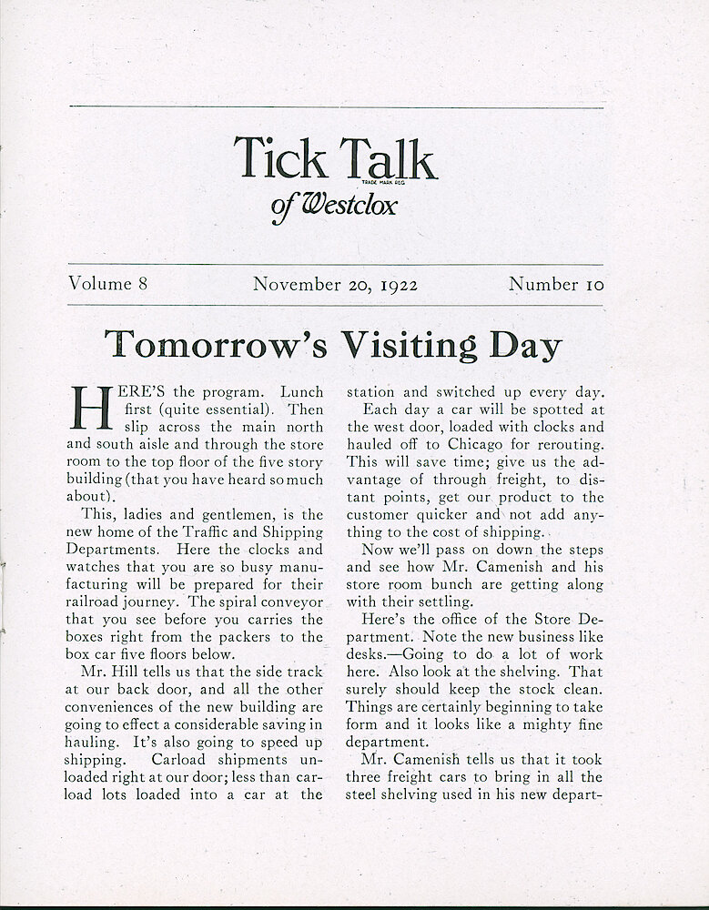 Westclox Tick Talk, November 20, 1922 (Factory Edition), Vol. 8 No. 10 > 1. Factory: "Tomorrow&039;s Visiting Day" Touring The New Five Story Building.