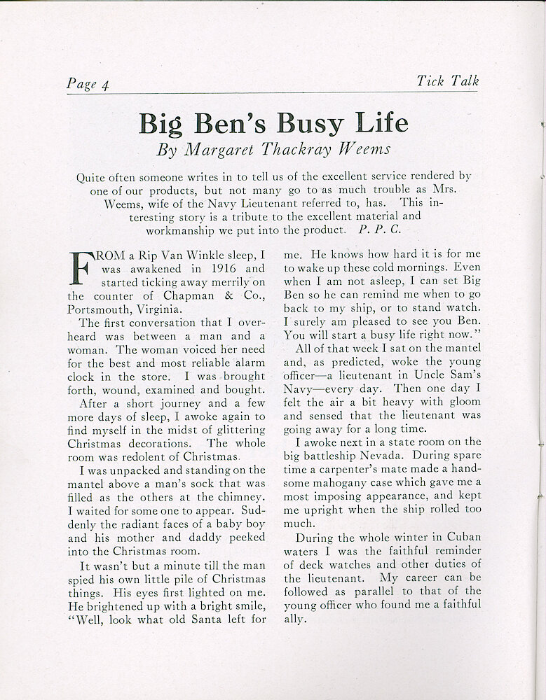 Westclox Tick Talk, November 20, 1922 (Factory Edition), Vol. 8 No. 10 > 4. Article: "Big Ben&039;s Busy Life By Margaret Thackray Weems" A Big Ben And A Sailor&039;s Adventures In The Navy.