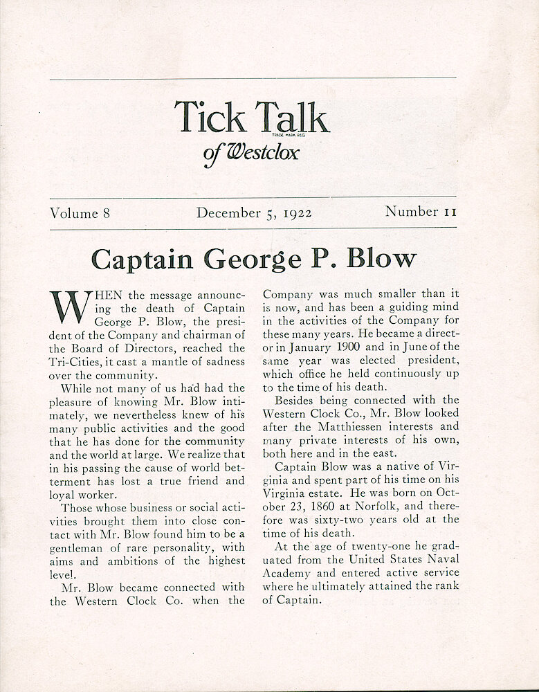 Westclox Tick Talk, Decmber 5, 1922 (Factory Edition), Vol. 8 No. 11 (cover missing) > 1. Personnel: "Captain George P. Blow" President Of The Company Has Died.