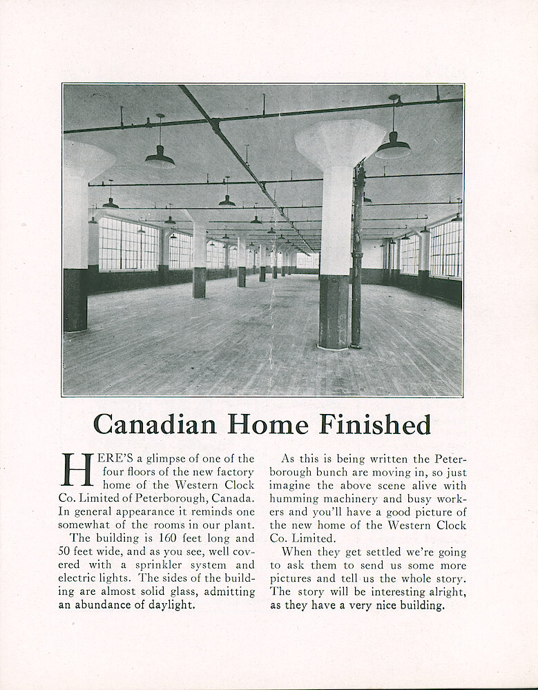 Westclox Tick Talk, Decmber 5, 1922 (Factory Edition), Vol. 8 No. 11 (cover missing) > 5. Factory: "Canadian Home Finished" The New Factory In Peterborough, Ontario, Canada Is Finished.