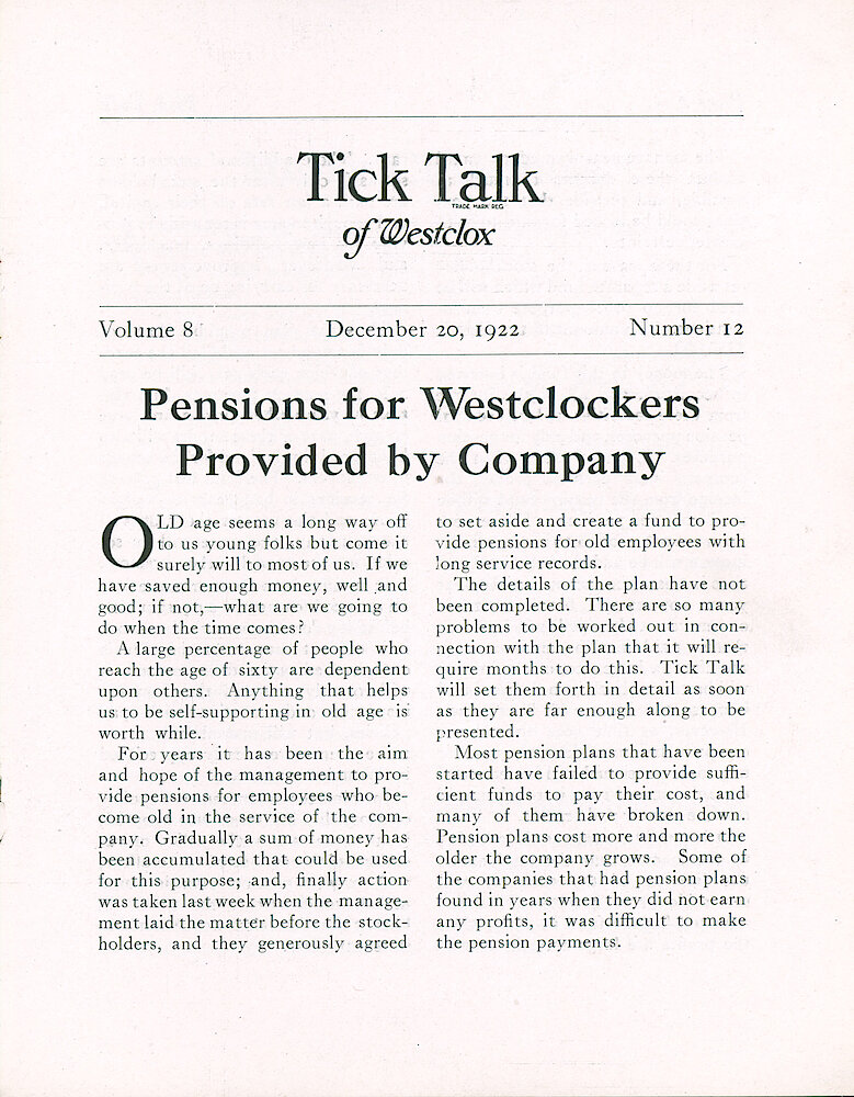 Westclox Tick Talk, December 20, 1922 (Factory Edition), Vol. 8 No. 12 > 1